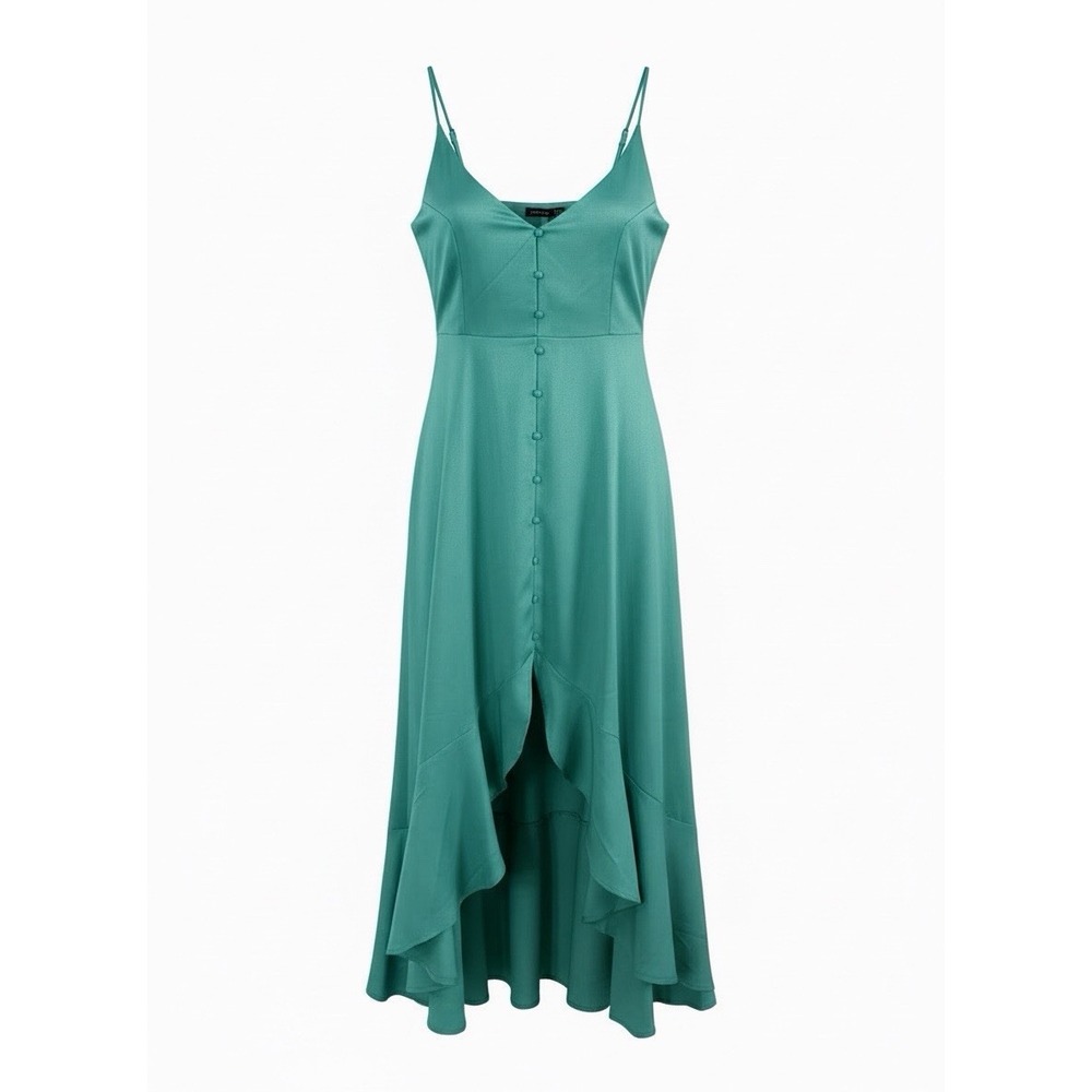 Boohoo NWT Teal High Low Ruffle Button Front Belted Dress US 10